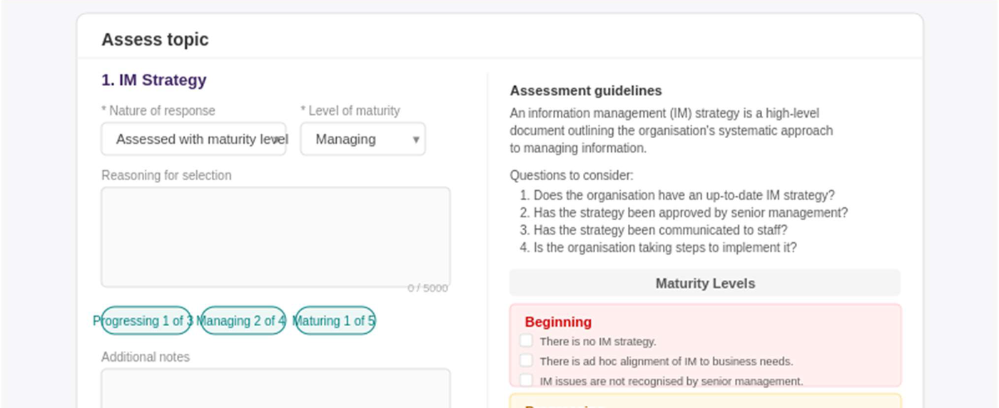 The Assess topic panel: response fields on the left, assessment guidelines and maturity level indicators on the right